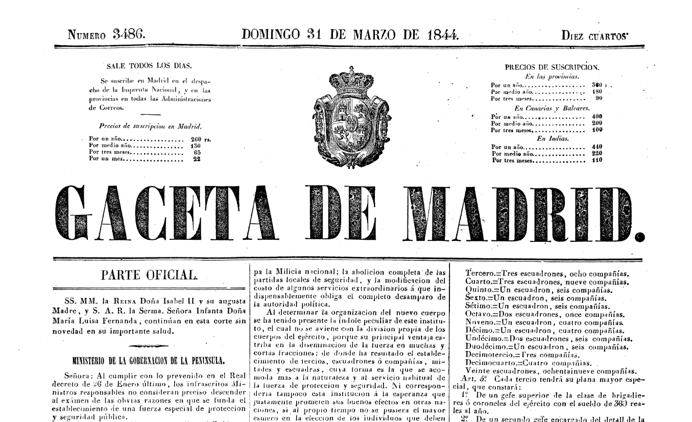 Real Decreto de creacion de la guardia civil de 28 de marzo de 1844